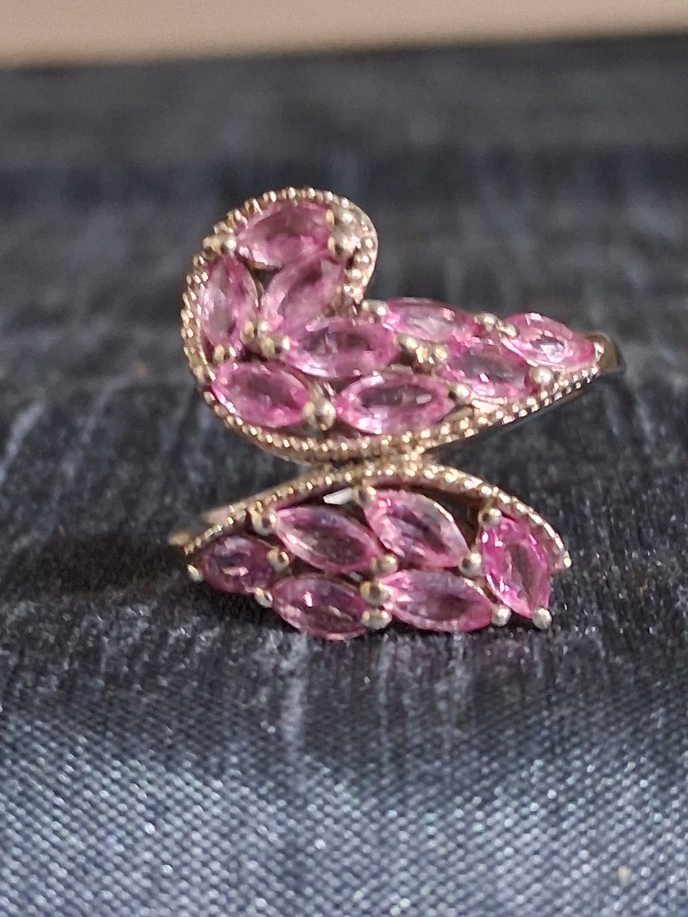 Vintage Sterling Silver Pink Marquise Crystal Open Band Ring - Women Jewelrys